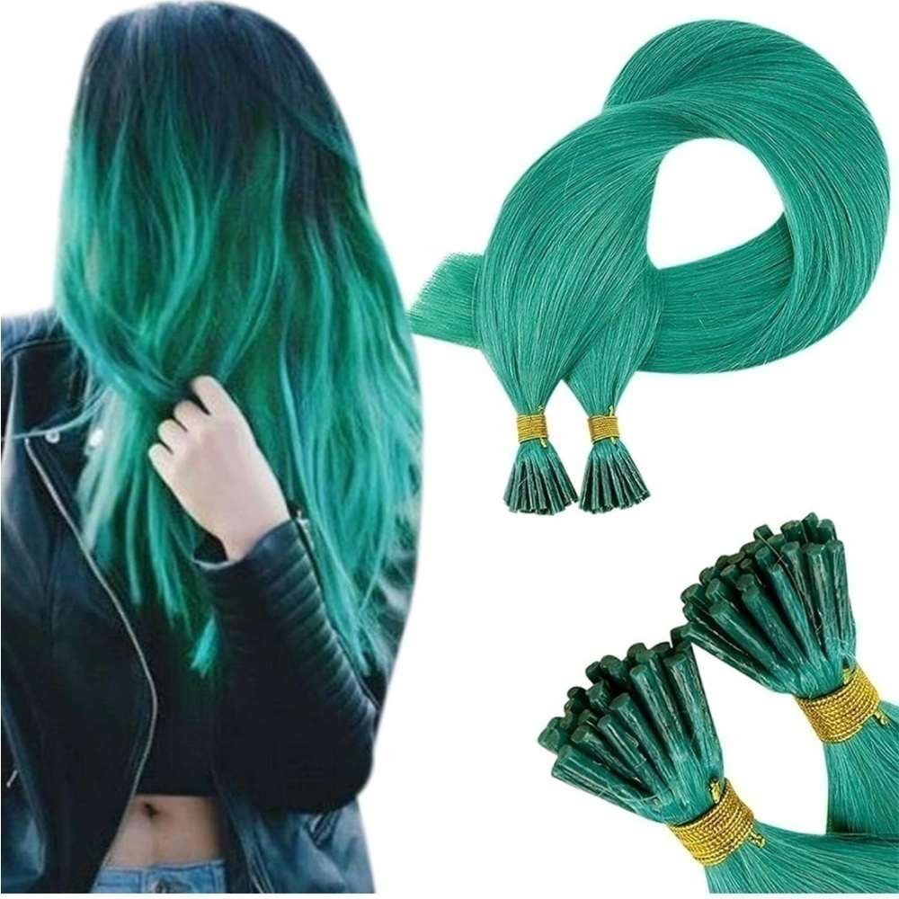 Brand New Remy Human Hair 22” I-Tip Extensions Colored Teal 25-Pack Highlights